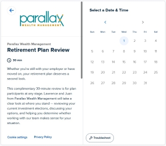 Parallax Wealth Management scheduling calendar — click to book your complimentary 30-minute review.